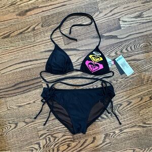 Roxy medium NWT triangle string bikini black yellow pink